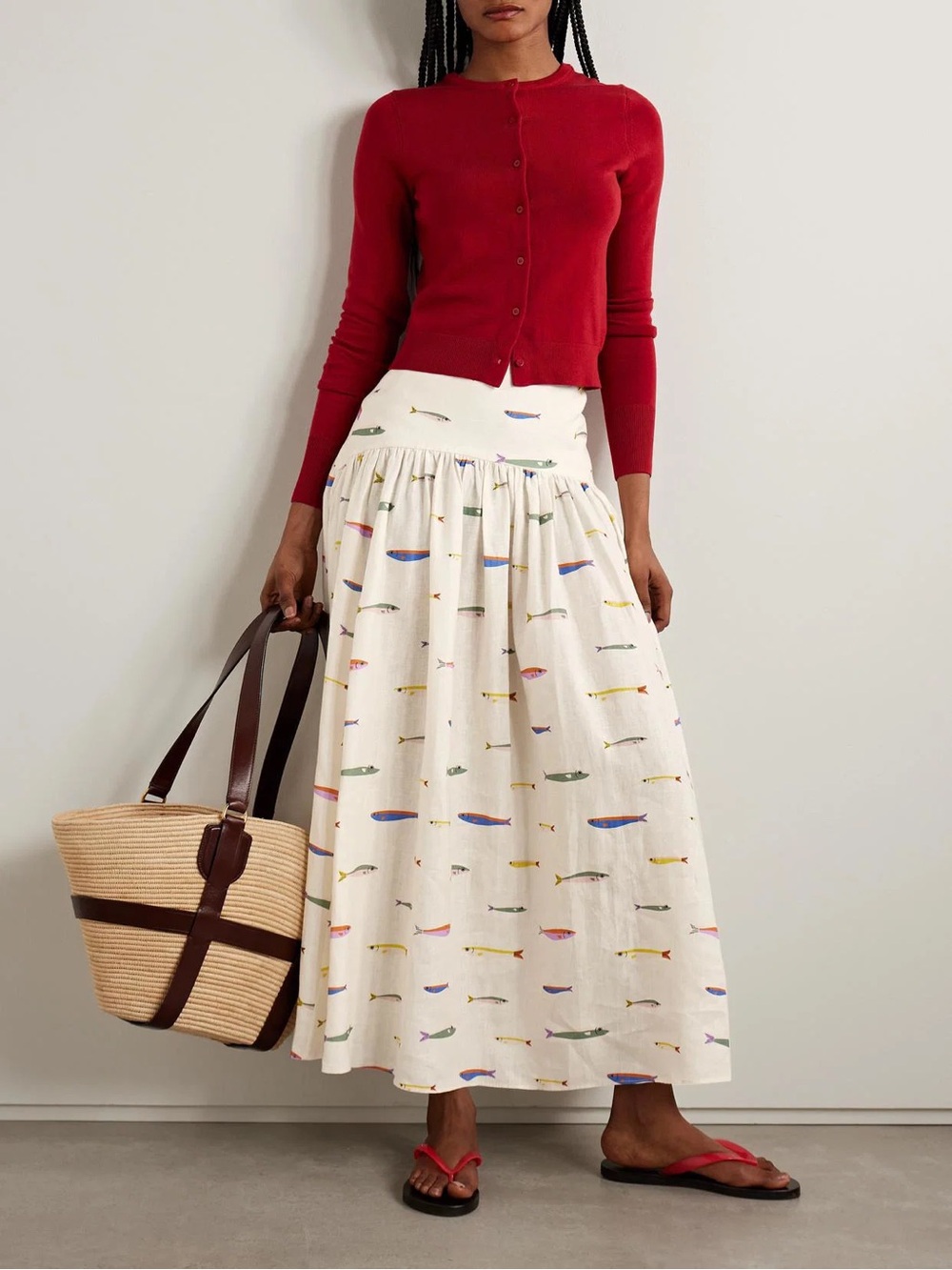 Staud Procida linen maxi skirt in pop sardines fish print